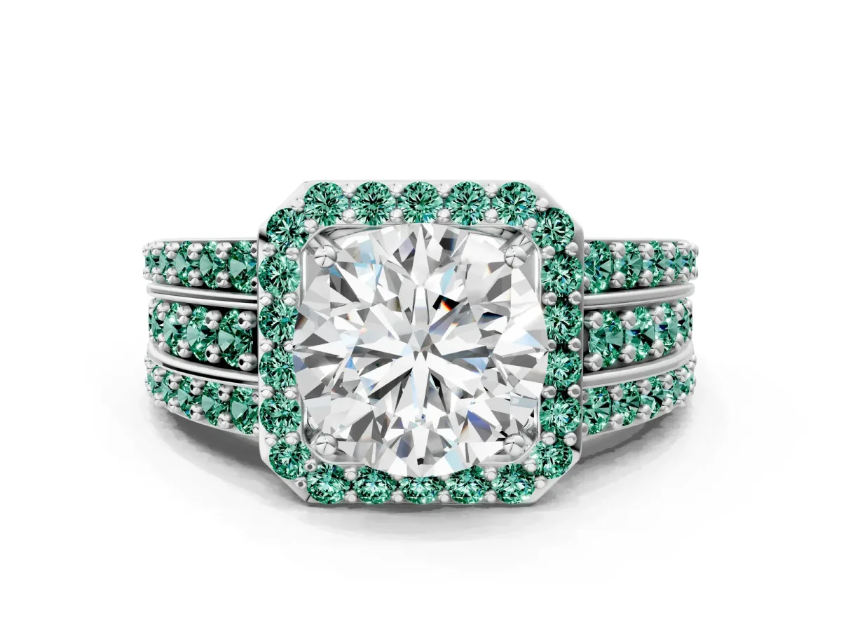 Round Cut Halo Diamond Ring with Round Green Sapphire Split Shank and Prong Setting Silver
