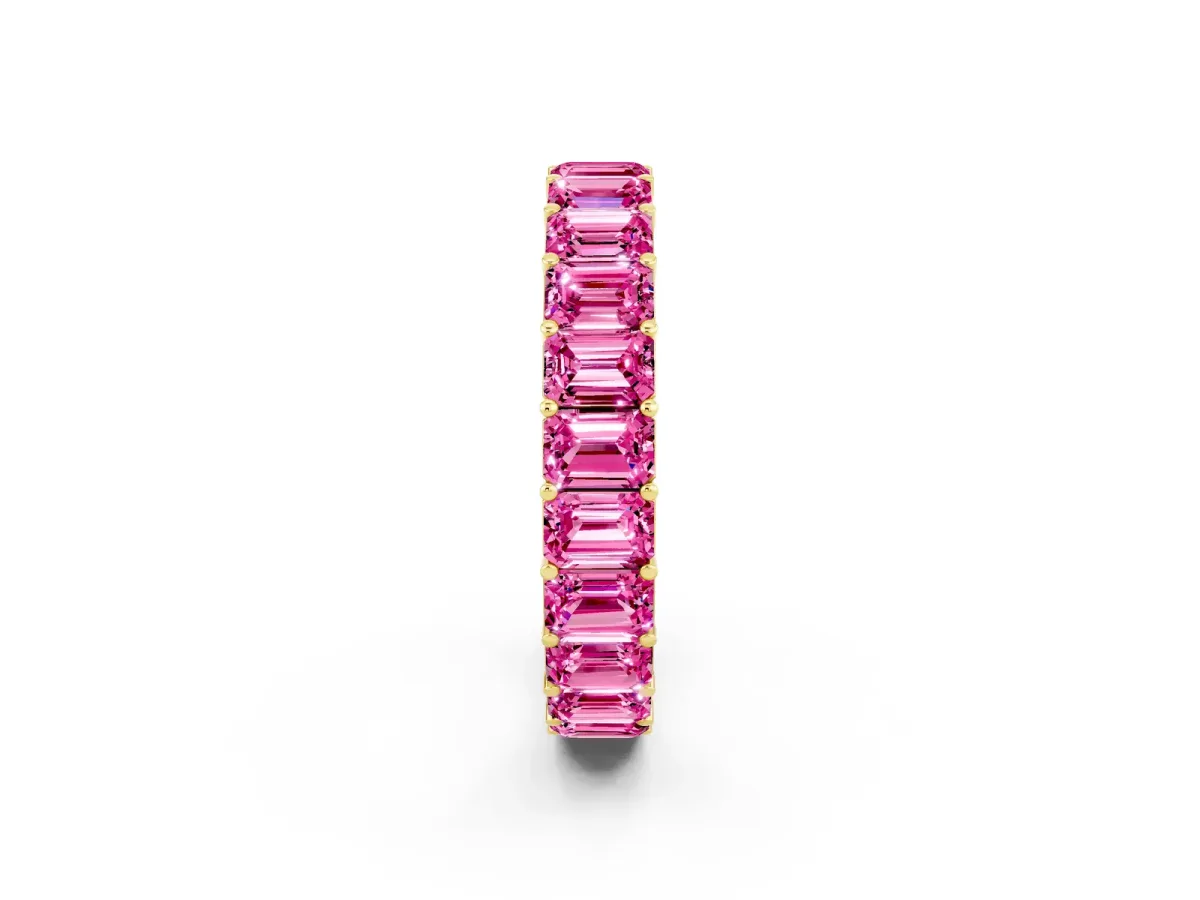 Emerald Cut Pink Sapphire Eternity Band with Shared Prong Setting Yellow gold