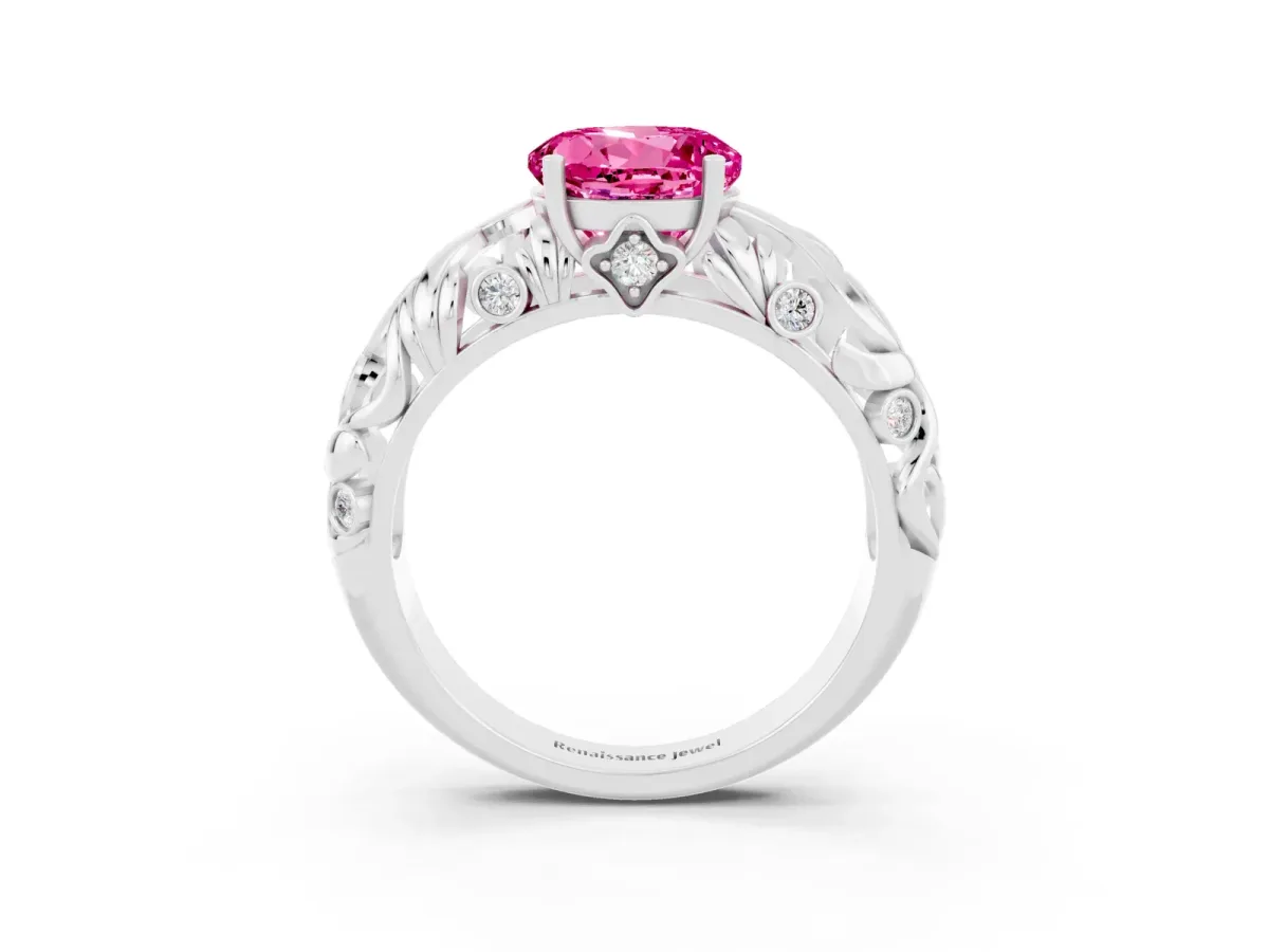 Round Cut Solitaire Pink Sapphire Leaf-Inspired Vine Band Ring with Prong Setting Silver