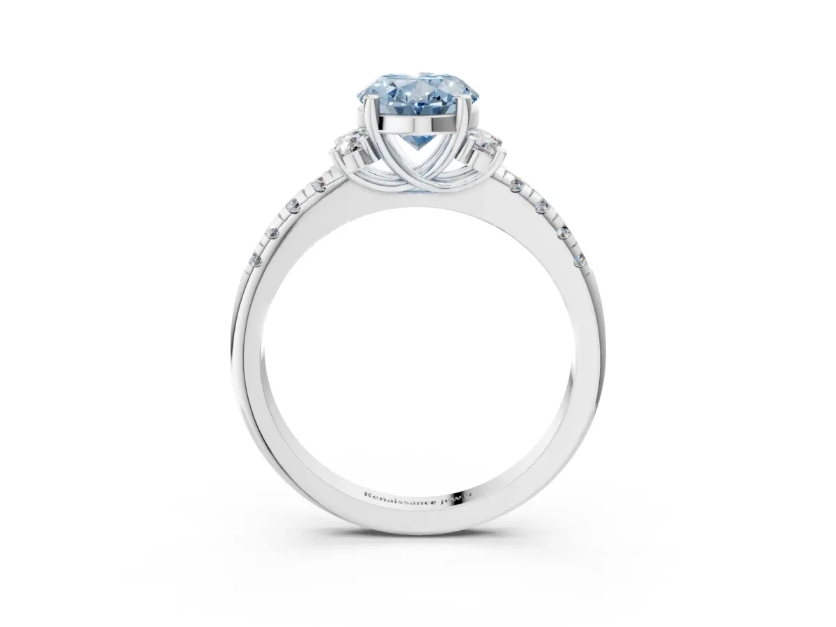 Fancy Blue Oval Cut Diamond Three-Stone Pave Band with Four-Prong Setting Silver