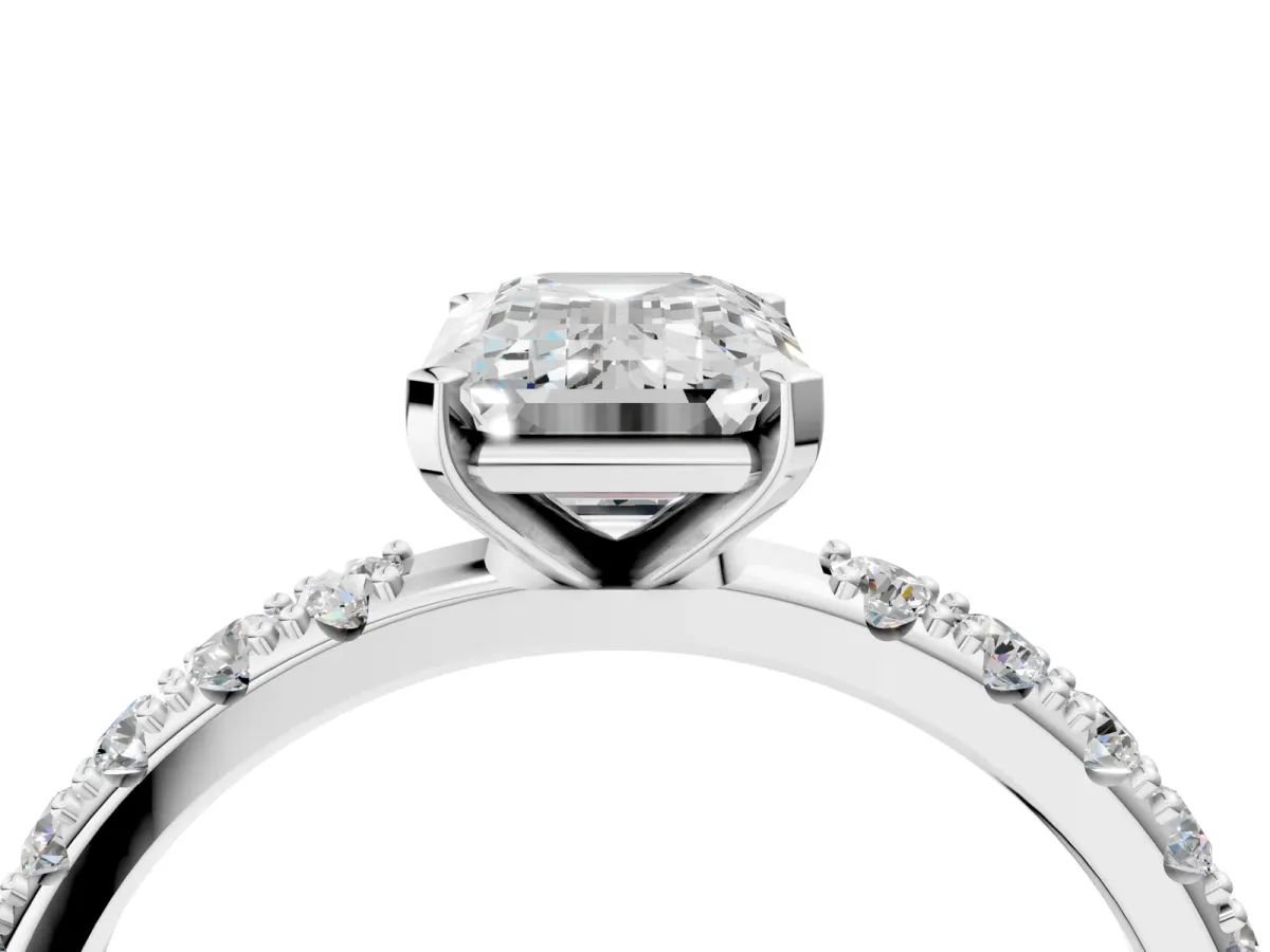 Emerald Cut Diamond Solitaire Pavé Band with Four-Prong Setting Platinum