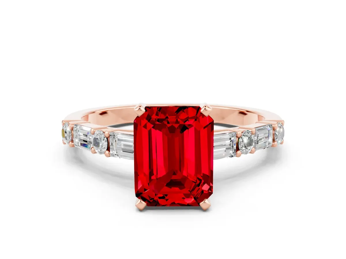 Emerald Cut Ruby Solitaire with Side Baguettes and Channel Set Band Rose gold