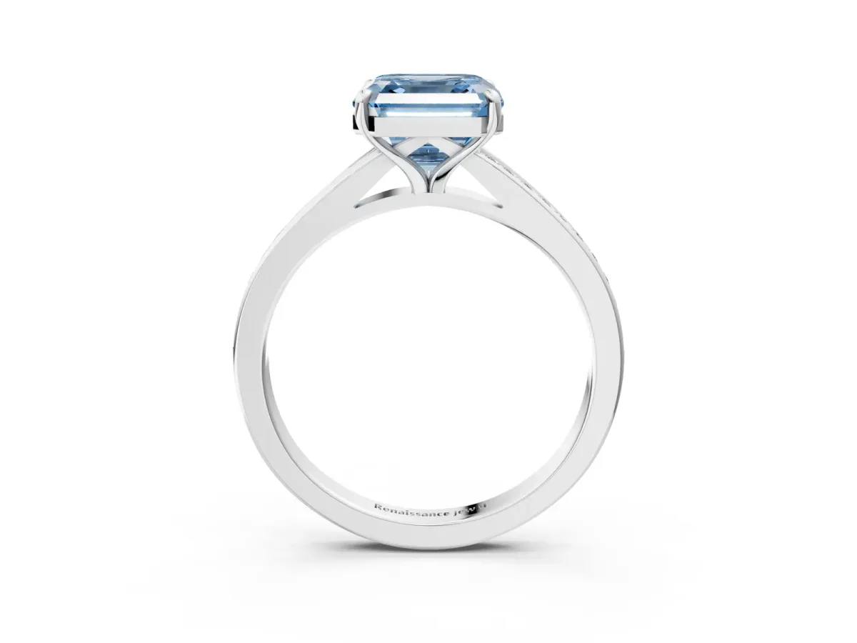 Fancy Blue Asscher Cut Diamond Solitaire Ring with Pavé Band and Prong Setting Platinum