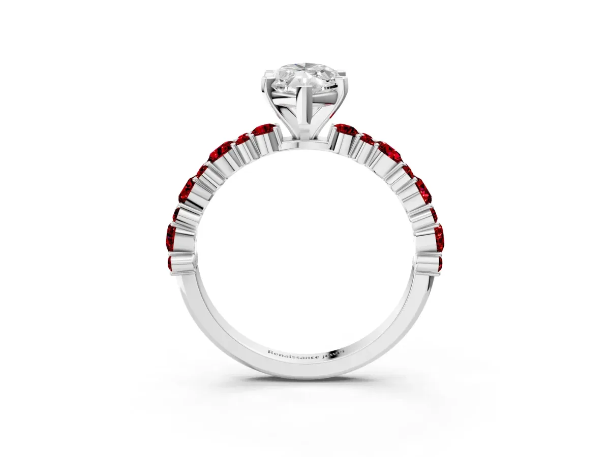 Marquise Cut Diamond Side Stone Solitaire Ring with Round Ruby and Four-Prong Setting Silver