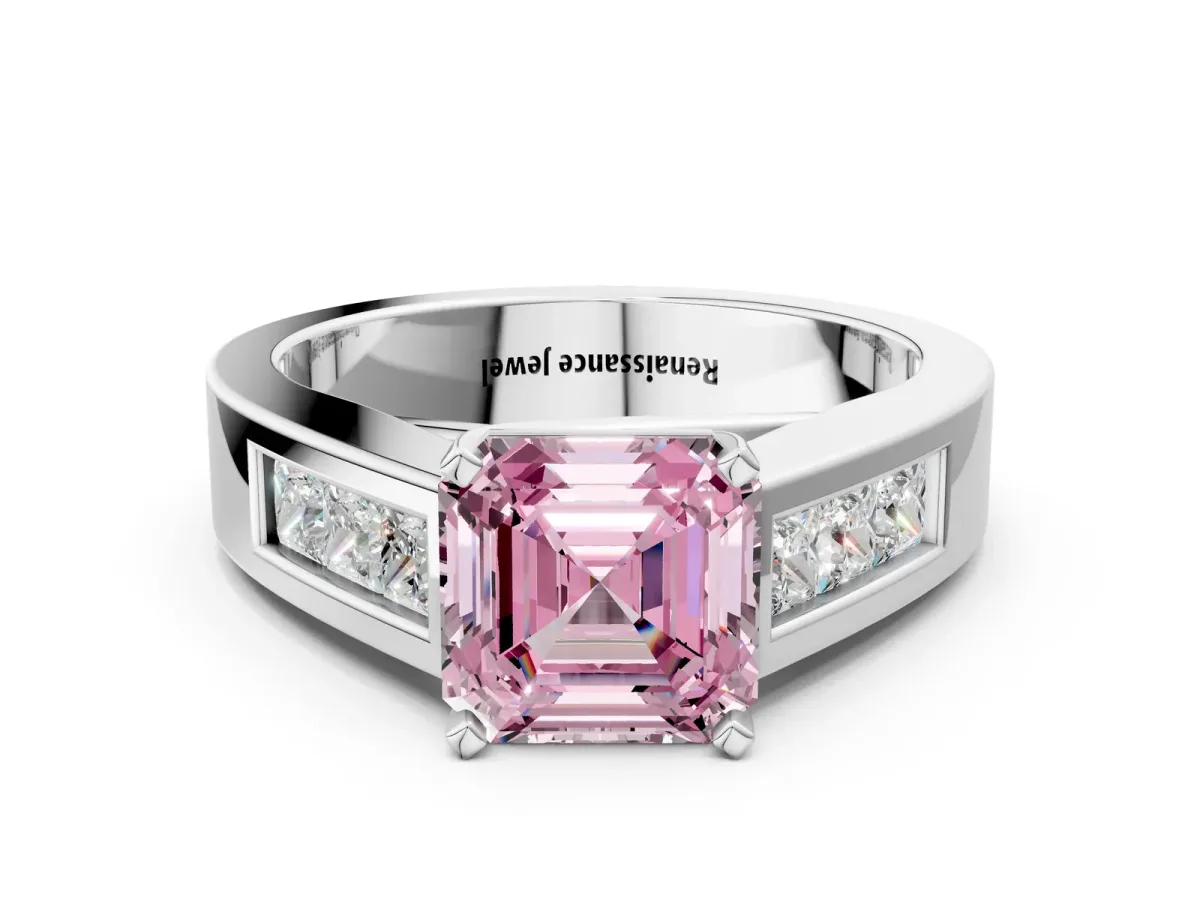 Fancy Pink Asscher Cut Cut Channel Set Solitaire Ring with Four-Prong Setting Platinum