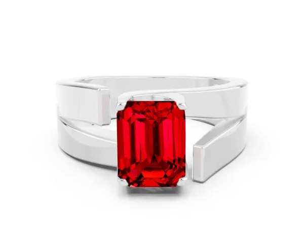 Modern Tension Set Emerald Cut Ruby Solitaire Wide Band Ring Platinum
