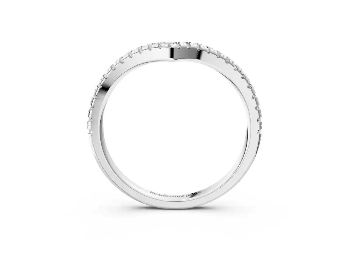 Pavé Round Diamond V-Shaped Chevron Band with Shared Prong Setting Silver