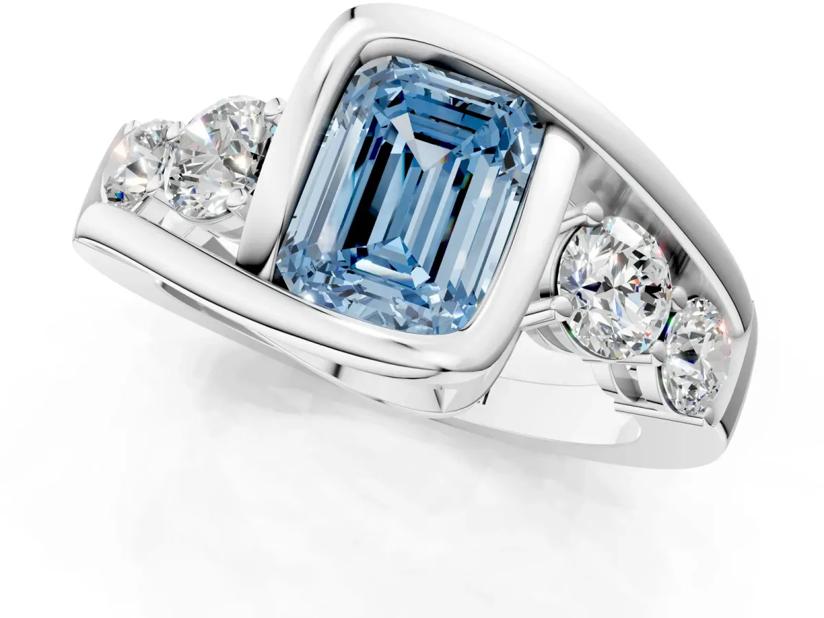 Fancy Blue Bezel Set Emerald Cut Diamond Bypass Ring with Round Accents Silver