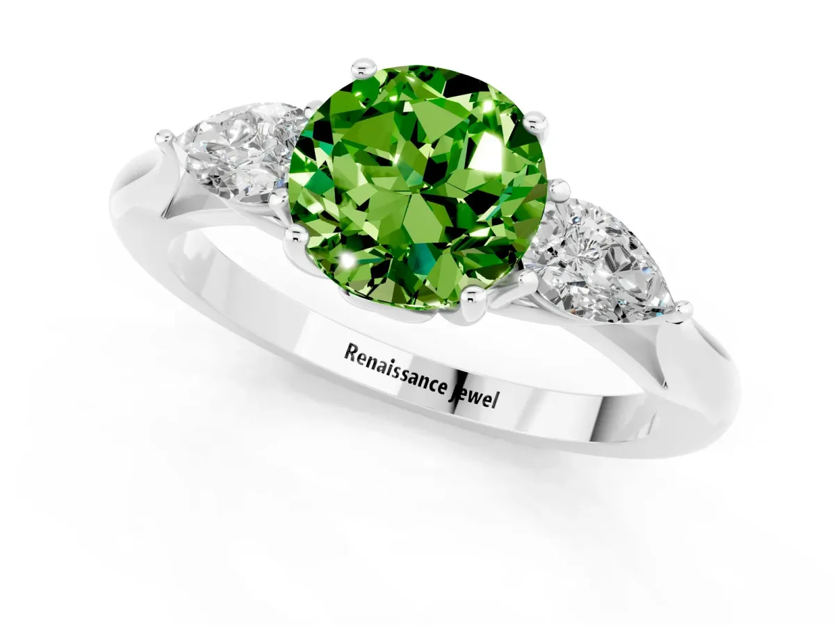 Three-Stone Round Cut Peridot Ring with Pear Side Stones in Four-Prong Setting Platinum