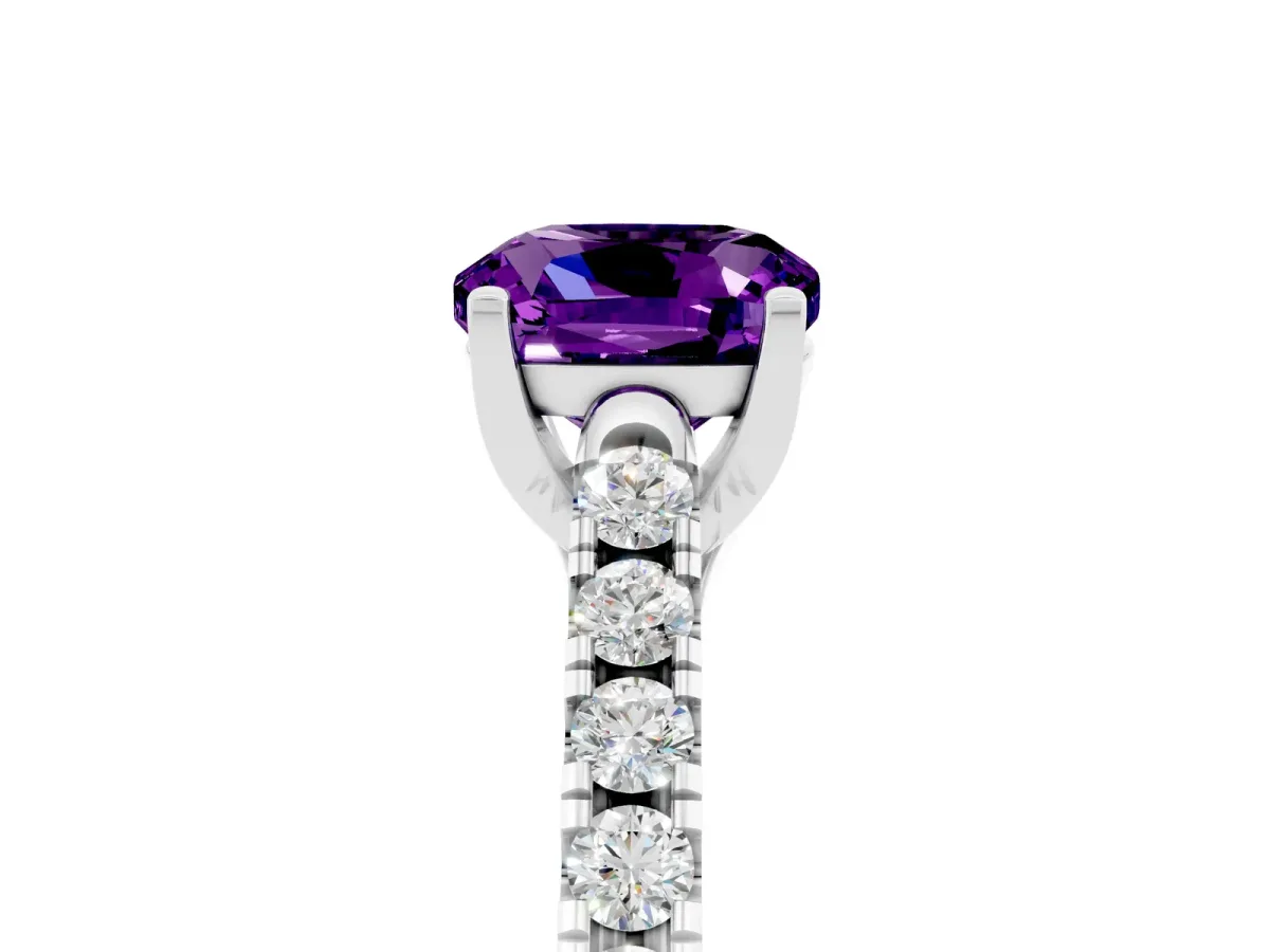 Cushion Cut Amethyst Pavé Band Solitaire Ring with Prong Setting Platinum