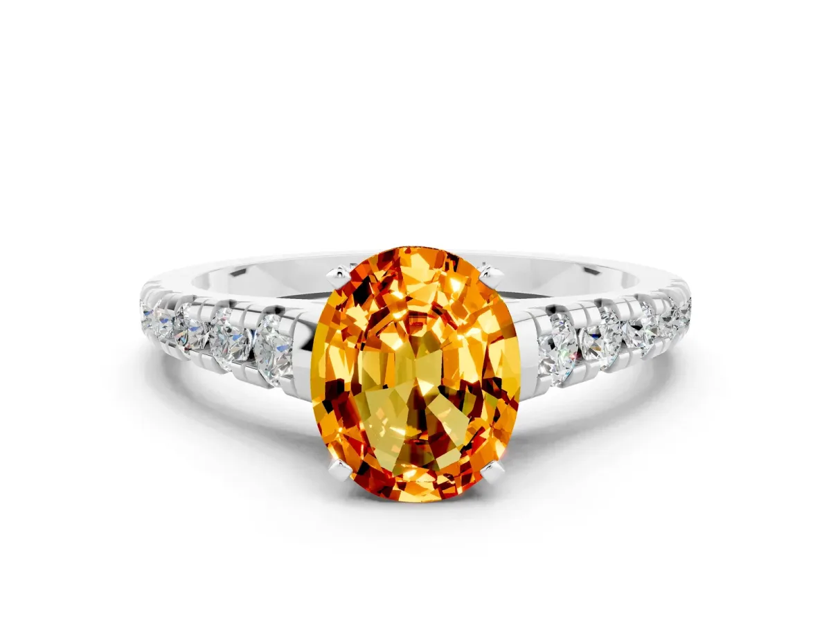 Oval Cut Citrine Cathedral Solitaire Ring with Round Pavé Band Silver