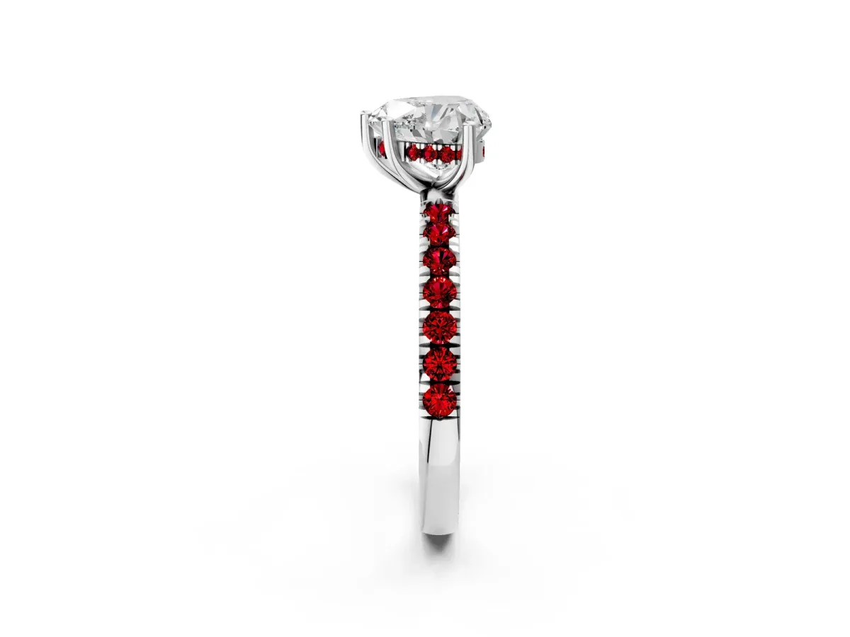 Heart Cut Diamond Pave Band Solitaire Ring with Round Ruby and Prong Setting Platinum