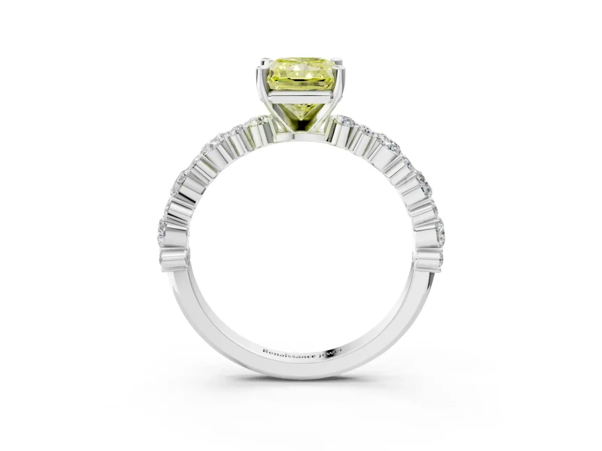 Fancy Yellow Radiant Cut Diamond Side Stone Solitaire Ring with Round and Four-Prong Setting Silver