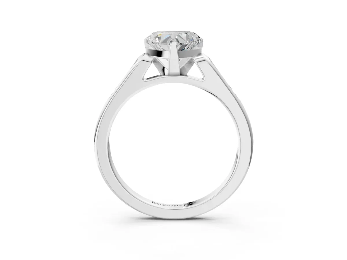 Heart Cut Diamond Solitaire Ring with Channel Set Round Band and Prong Setting Silver