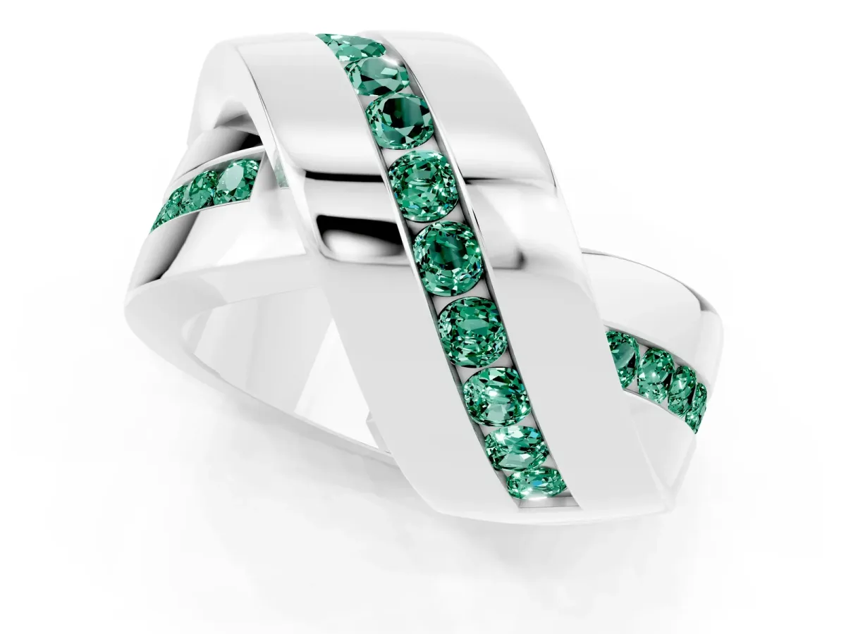 Pavé Round Green Sapphire Crossover Band with Channel Setting White gold