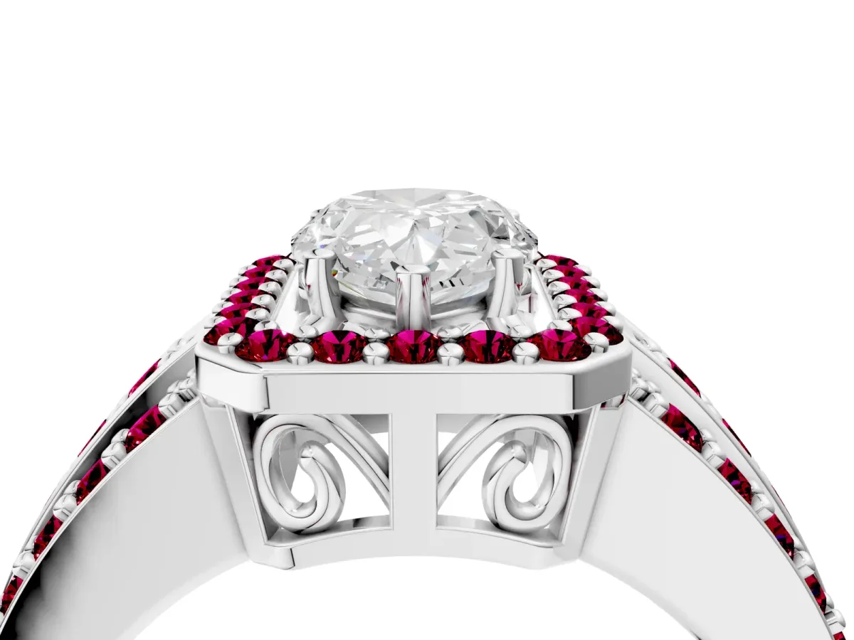 Pear Cut Halo Diamond Ring with Round Garnet Split Shank and Prong Setting Platinum