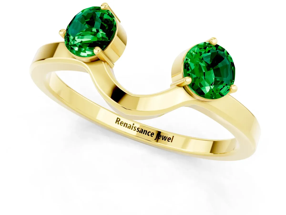 Dual Round Emerald Open Band Ring with Prong Setting Yellow gold