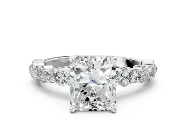 Radiant Cut Diamond Side Stone Solitaire Ring with Round and Four-Prong Setting Platinum