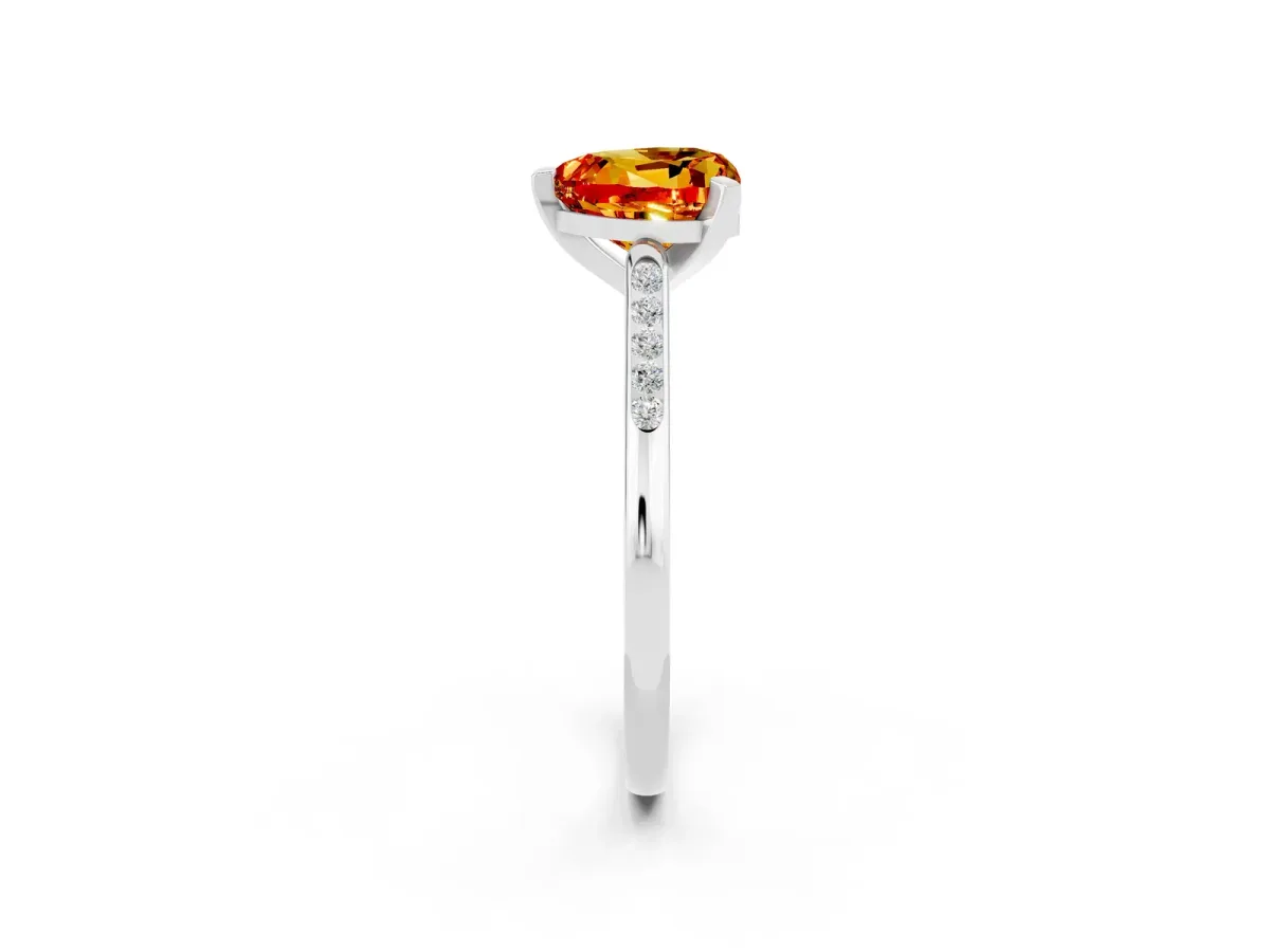 Heart Cut Citrine Solitaire Ring with Channel Set Round Band and Prong Setting Silver