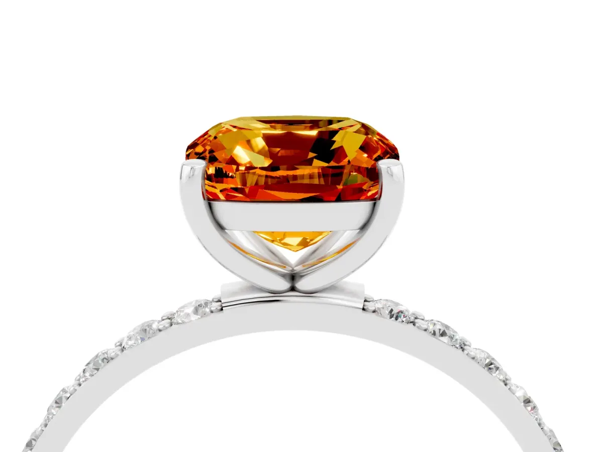 Cushion Cut Citrine Solitaire Ring with Round Pavé Band and Prong Setting Silver