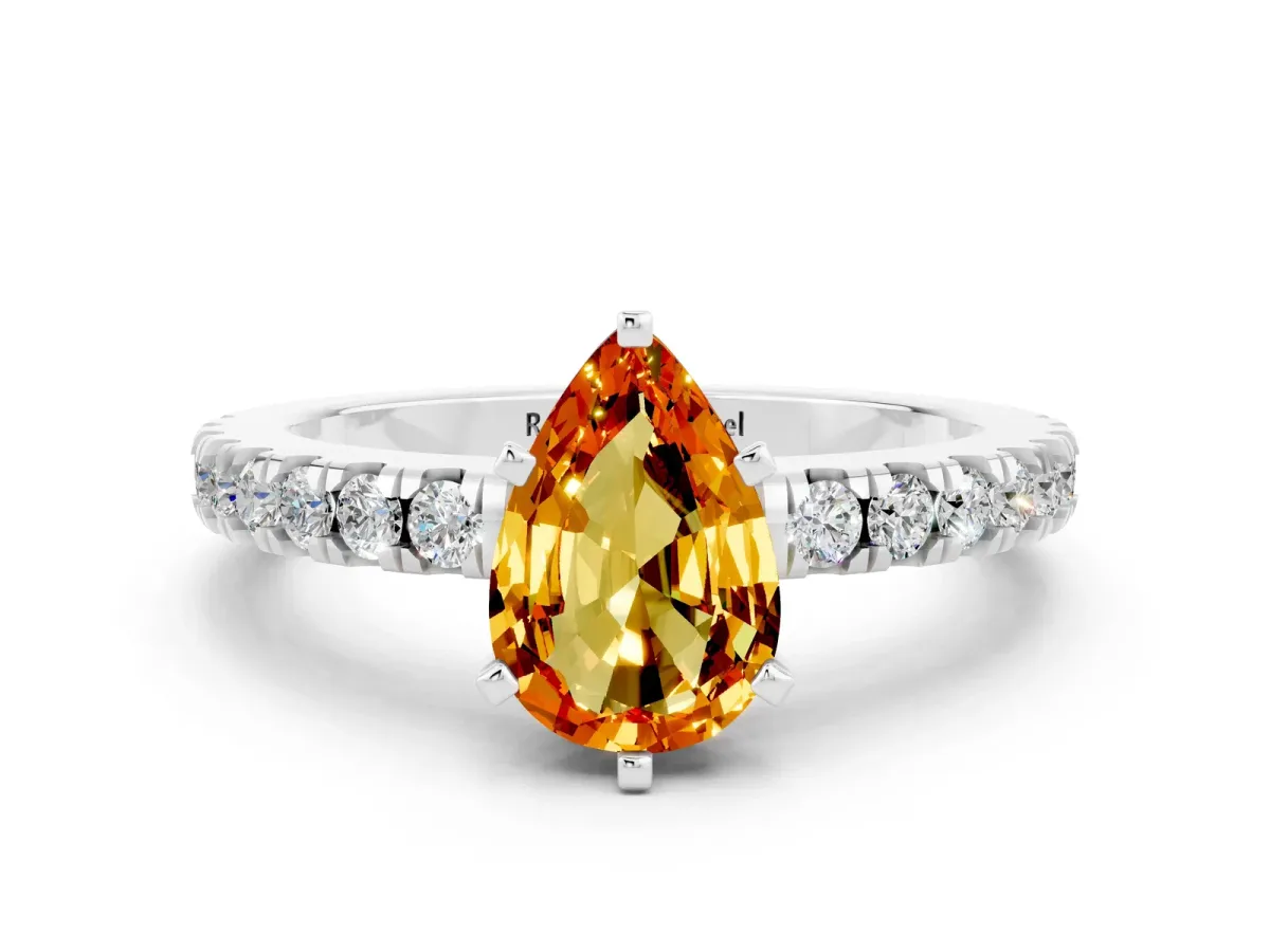 Pear Cut Solitaire Citrine with Pavé Band and Four-Prong Setting Silver
