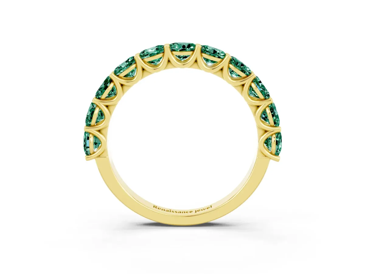 Round Green Sapphire Shared Prong Eternity Band Yellow gold