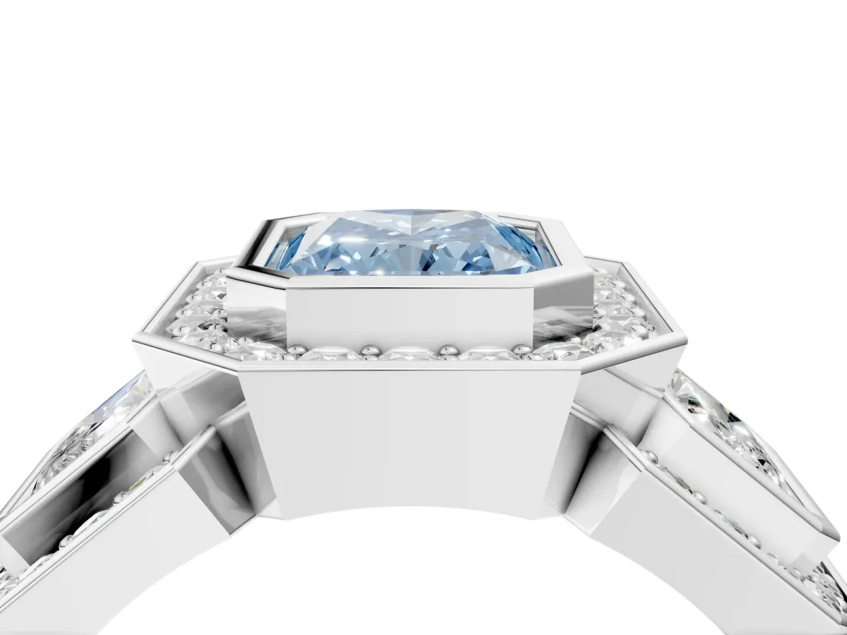 Fancy Blue Three-Stone Radiant Cut Halo Pavé Diamond Ring Platinum