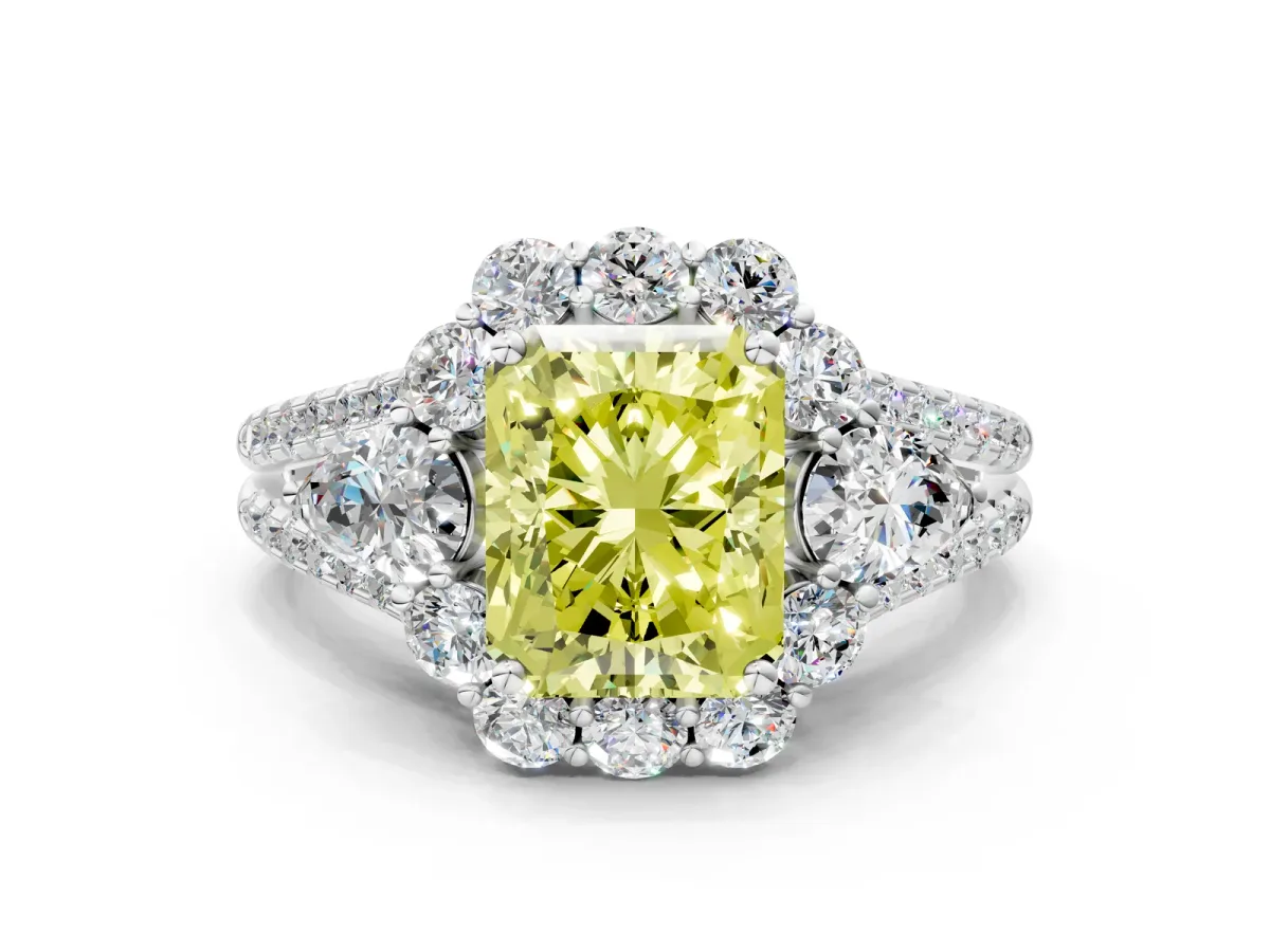 Fancy Yellow Radiant Cut Halo Split Shank Diamond Engagement Ring with Prong Setting Platinum
