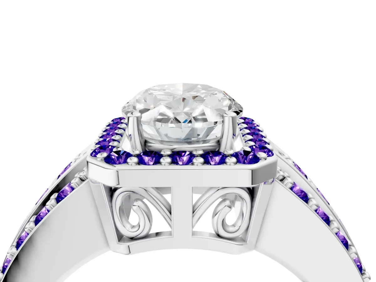 Oval Cut Halo Diamond Ring with Round Tanzanite Split Shank and Prong Setting Platinum