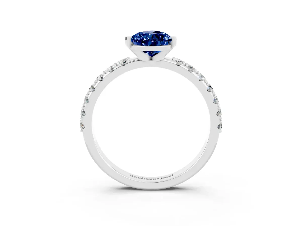 Pear Cut Blue Sapphire Solitaire Pavé Band with Four-Prong Setting Platinum