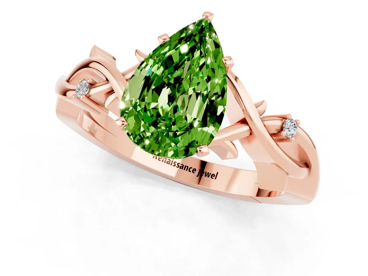Pear Cut Peridot Solitaire Ring with Twisted Band and Prong Setting Rose gold