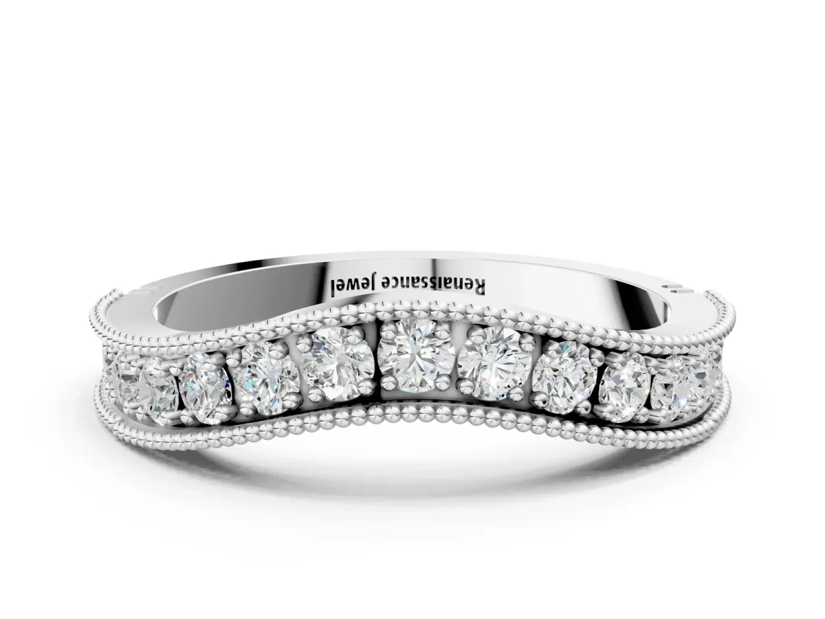 Round Diamond Milgrain Contour Wedding Band with Pavé Setting Silver