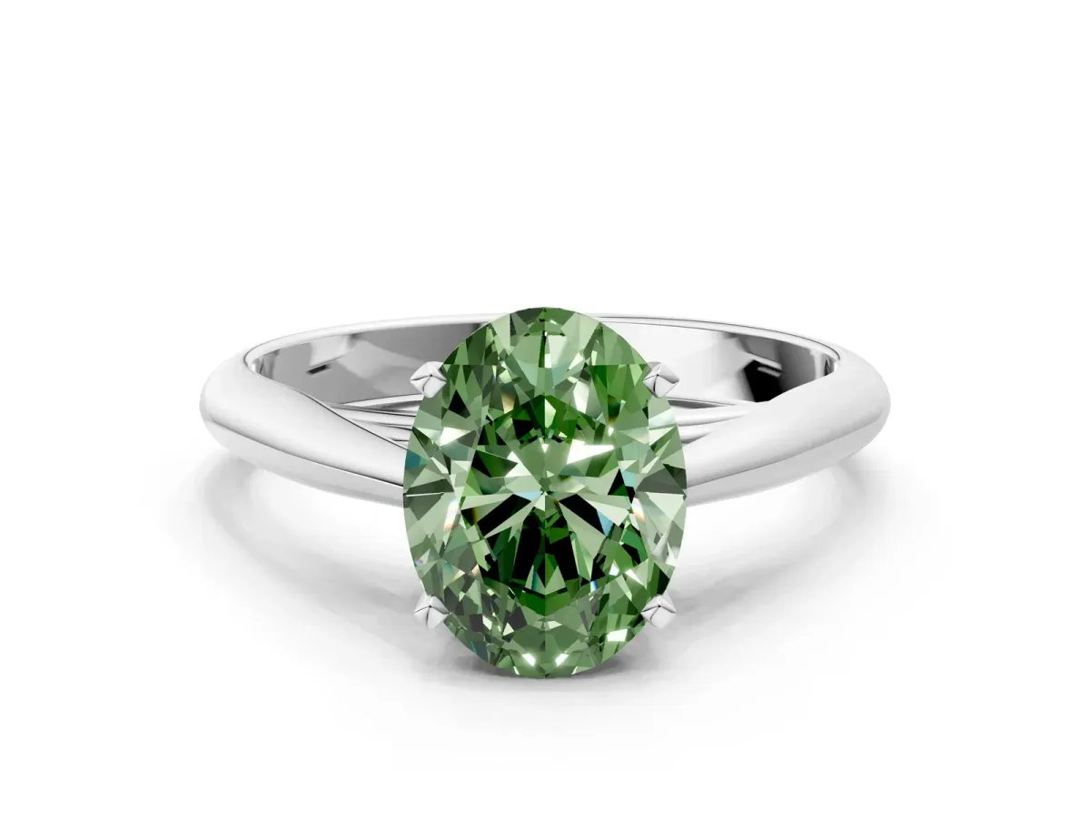 Fancy Green Oval Cut Diamond Solitaire Engagement Ring with Cathedral Setting and Four-Prong Mount Silver