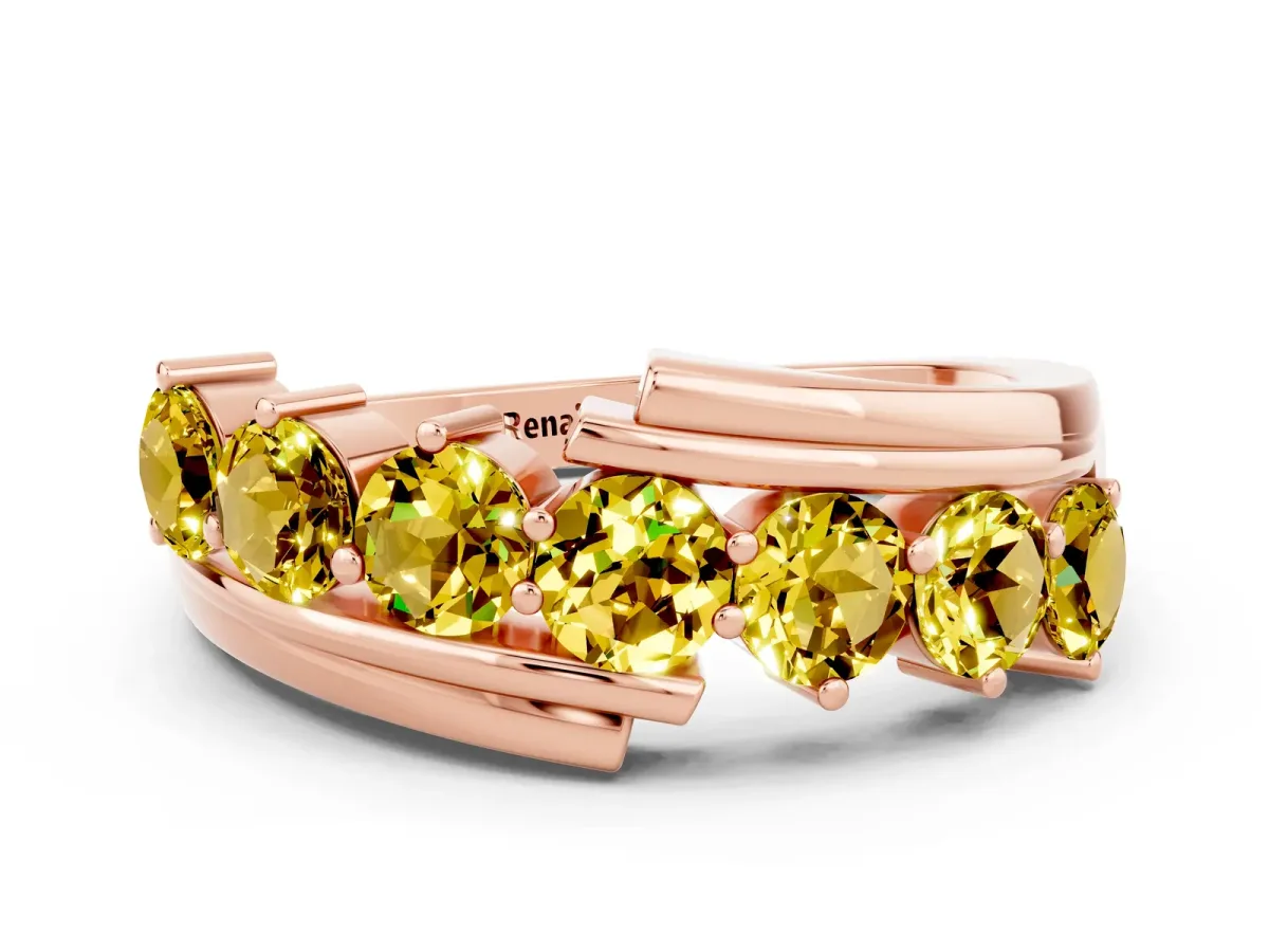 Round Yellow Sapphire Wave Band with Channel and Shared Prong Setting Rose gold