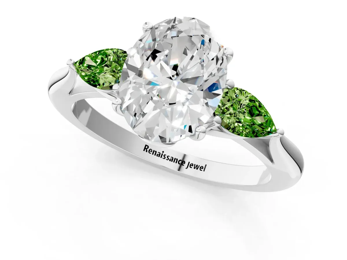 Oval Cut Diamond Three-Stone Ring with Pear Peridot Side Stones and Prong Setting Silver