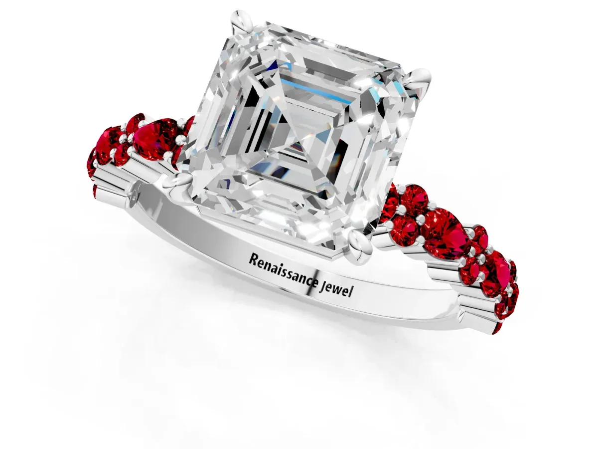 Asscher Cut Diamond Side Stone Solitaire Ring with Round Ruby and Four-Prong Setting Silver