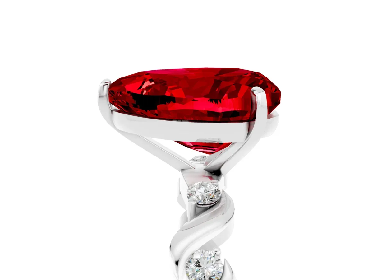Heart Cut Ruby Solitaire Twisted Band with Round Accents and Prong Setting White gold