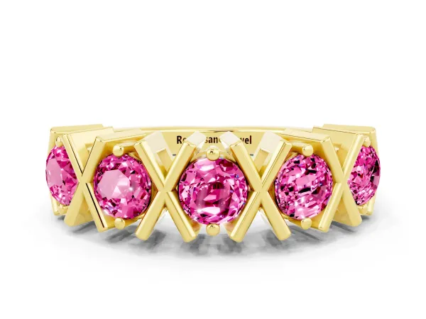 Round Pink Sapphire Channel Set Band with X-Prong Detail Yellow gold