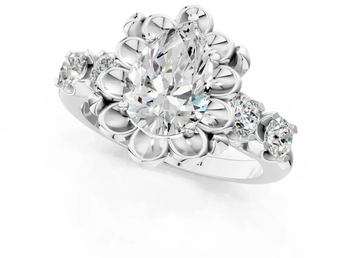 Pear Cut Cut Diamond Floral Halo Engagement Ring with Shared Prong Setting Platinum