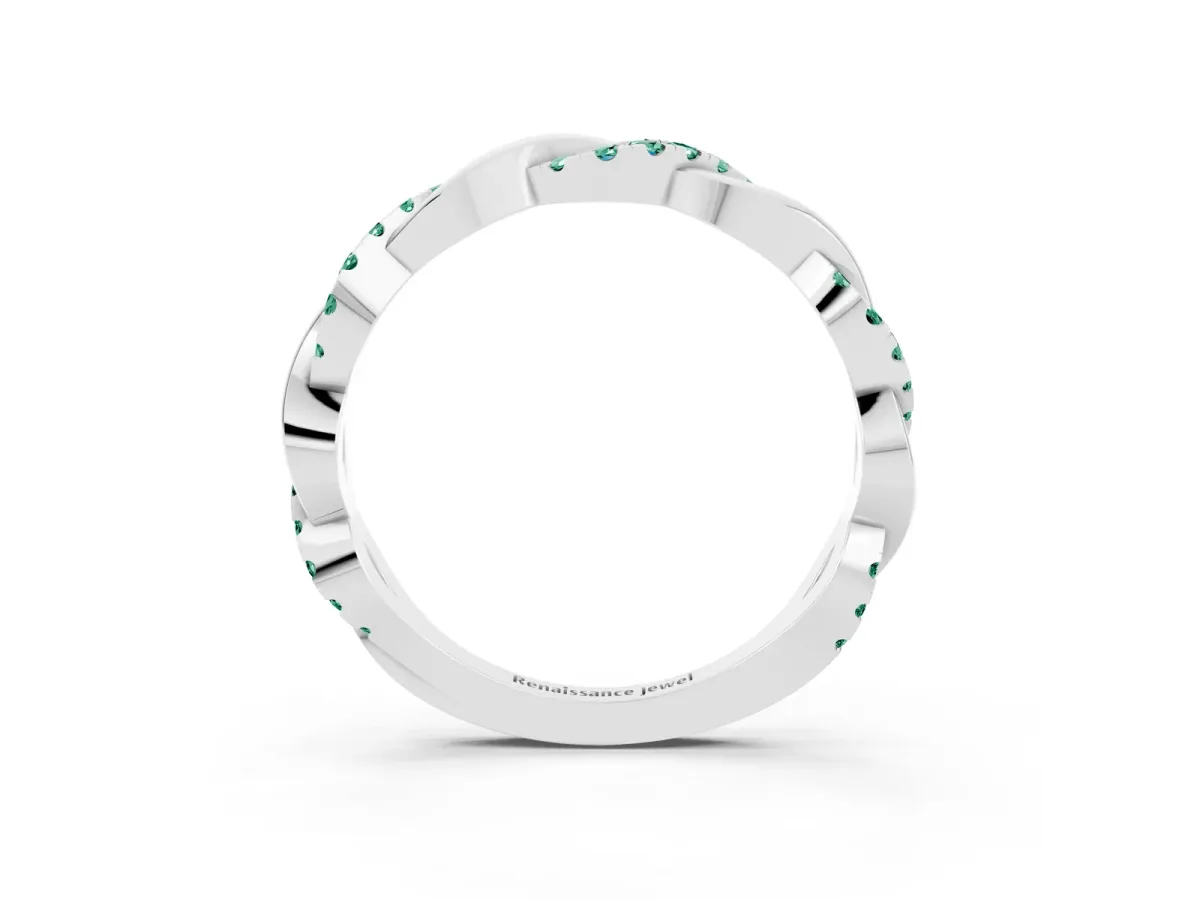 Round Green Sapphire Twist Eternity Band with Pavé Setting Platinum