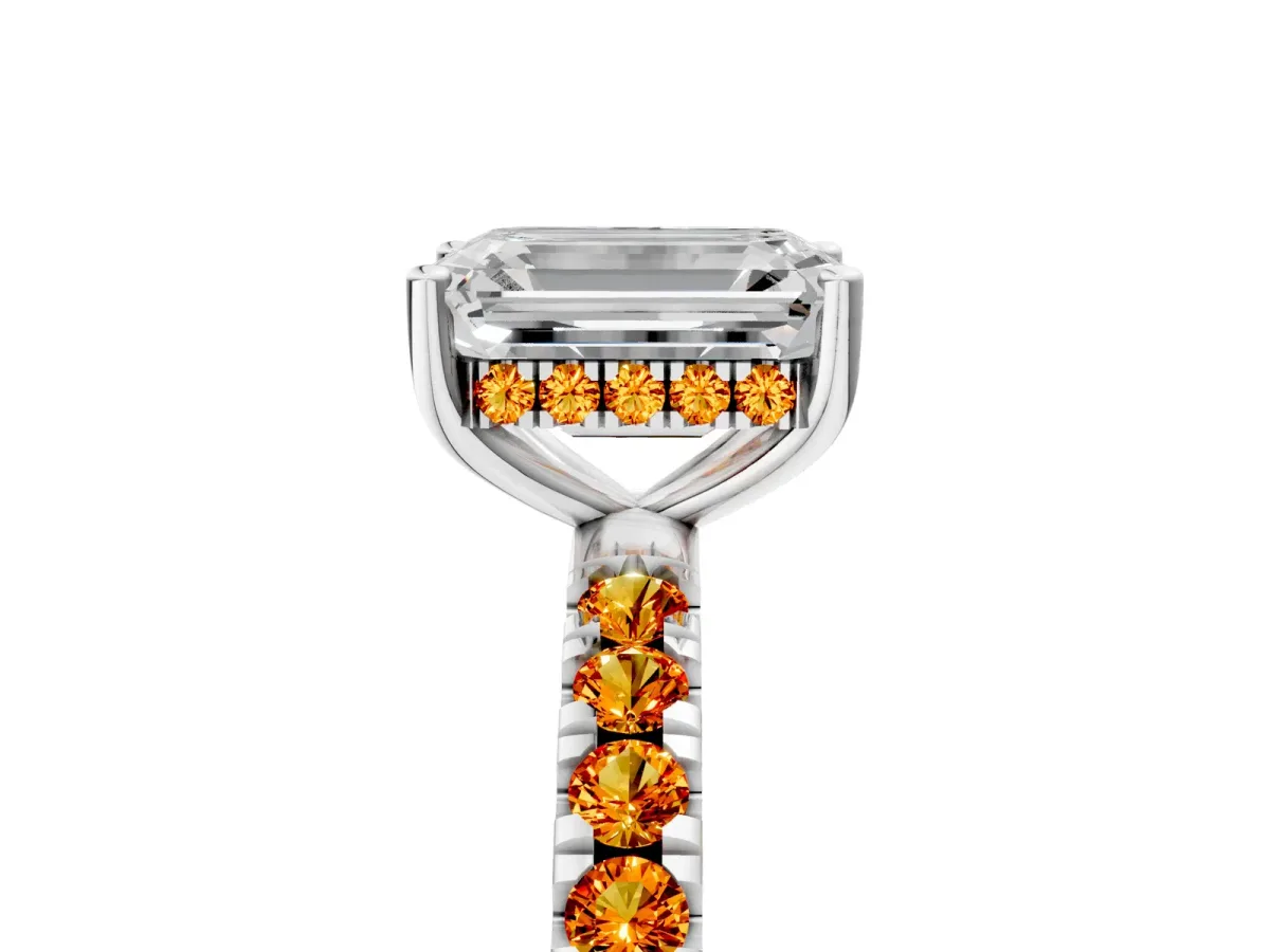 Emerald Cut Diamond Pave Band Solitaire Ring with Round Citrine and Prong Setting Platinum
