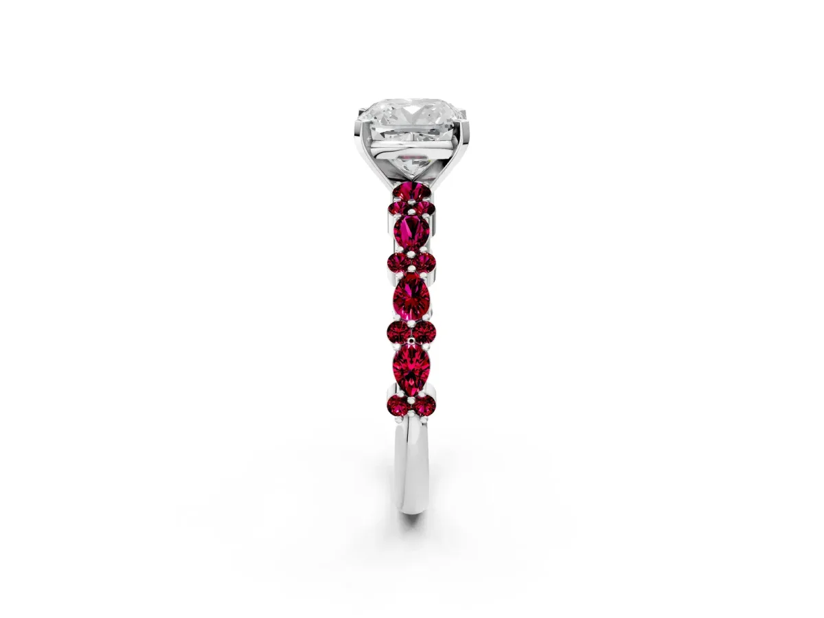 Cushion Cut Diamond Side Stone Solitaire Ring with Round Garnet and Four-Prong Setting Platinum