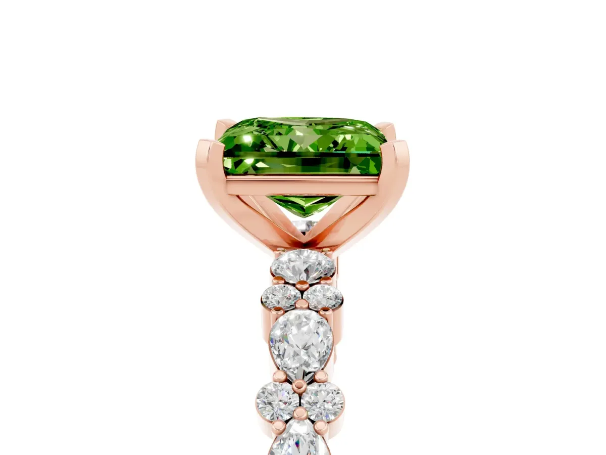 Princess Cut Peridot Side Stone Solitaire Ring with Round and Four-Prong Setting Rose gold