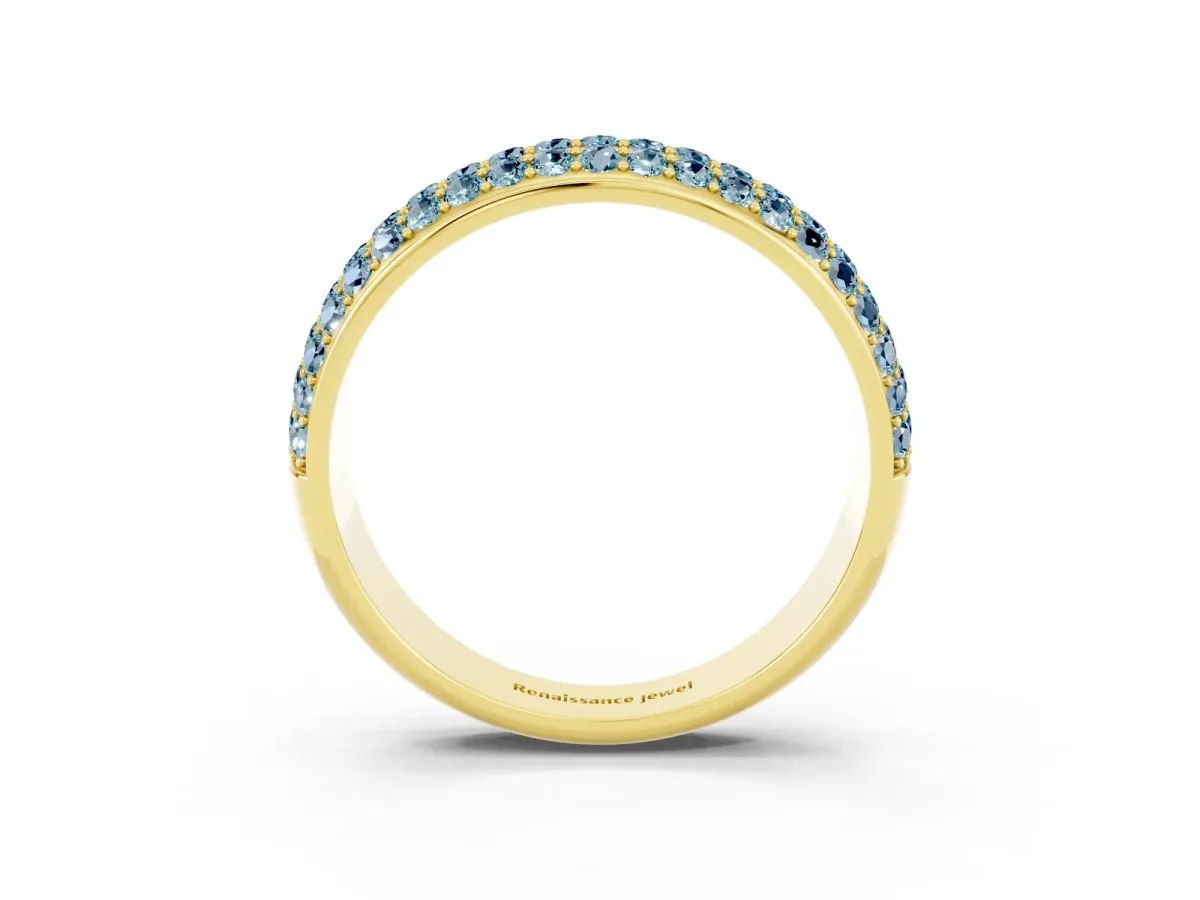 Three-Row Round Aquamarine Eternity Band with Shared Prong Setting Yellow gold