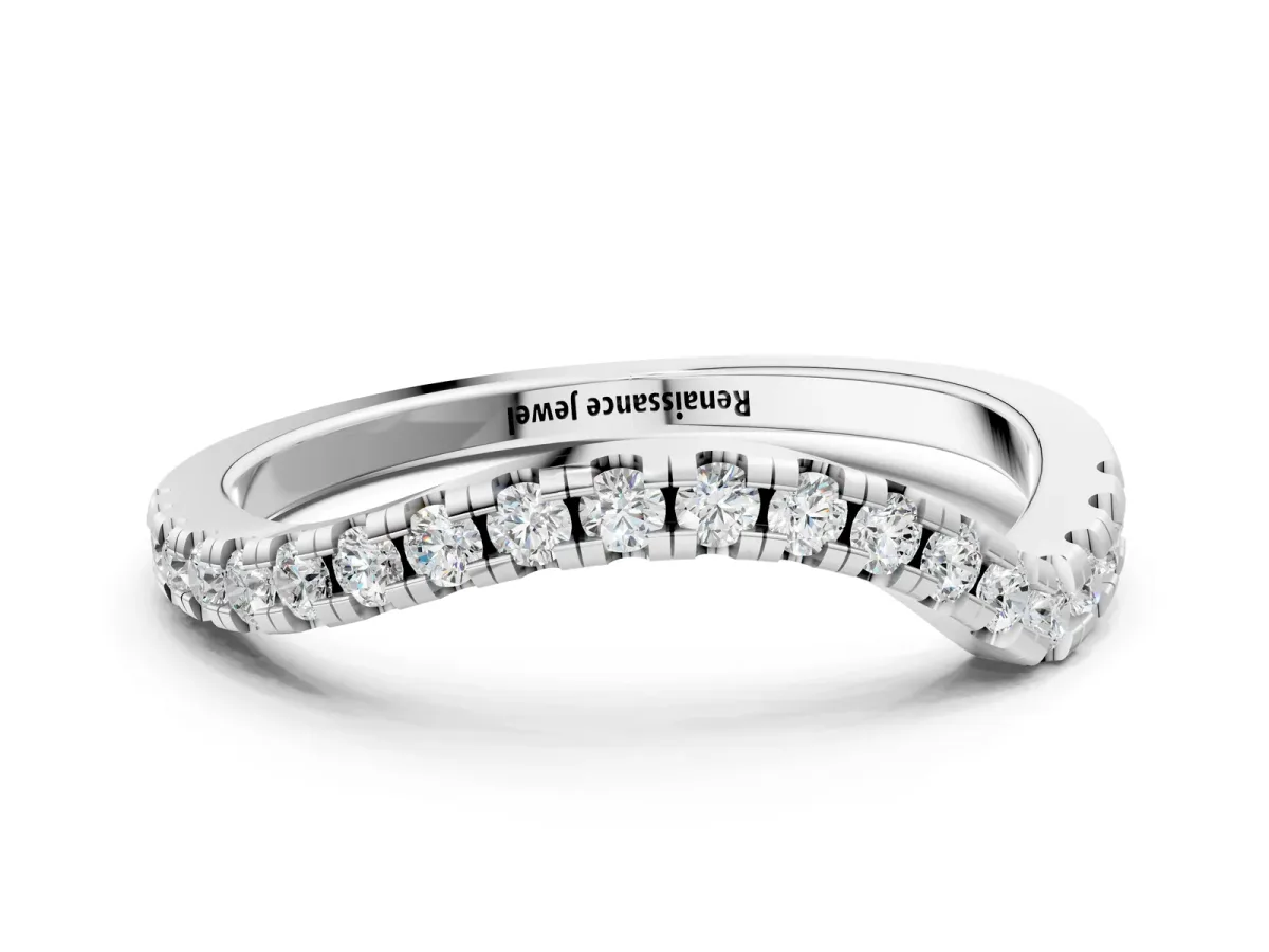 Round Cut Diamond Pavé Curved Band with Shared Prong Setting Silver