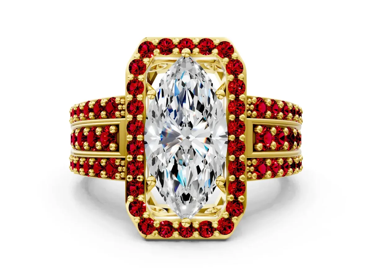 Marquise Cut Halo Diamond Ring with Round Ruby Split Shank and Prong Setting Yellow gold