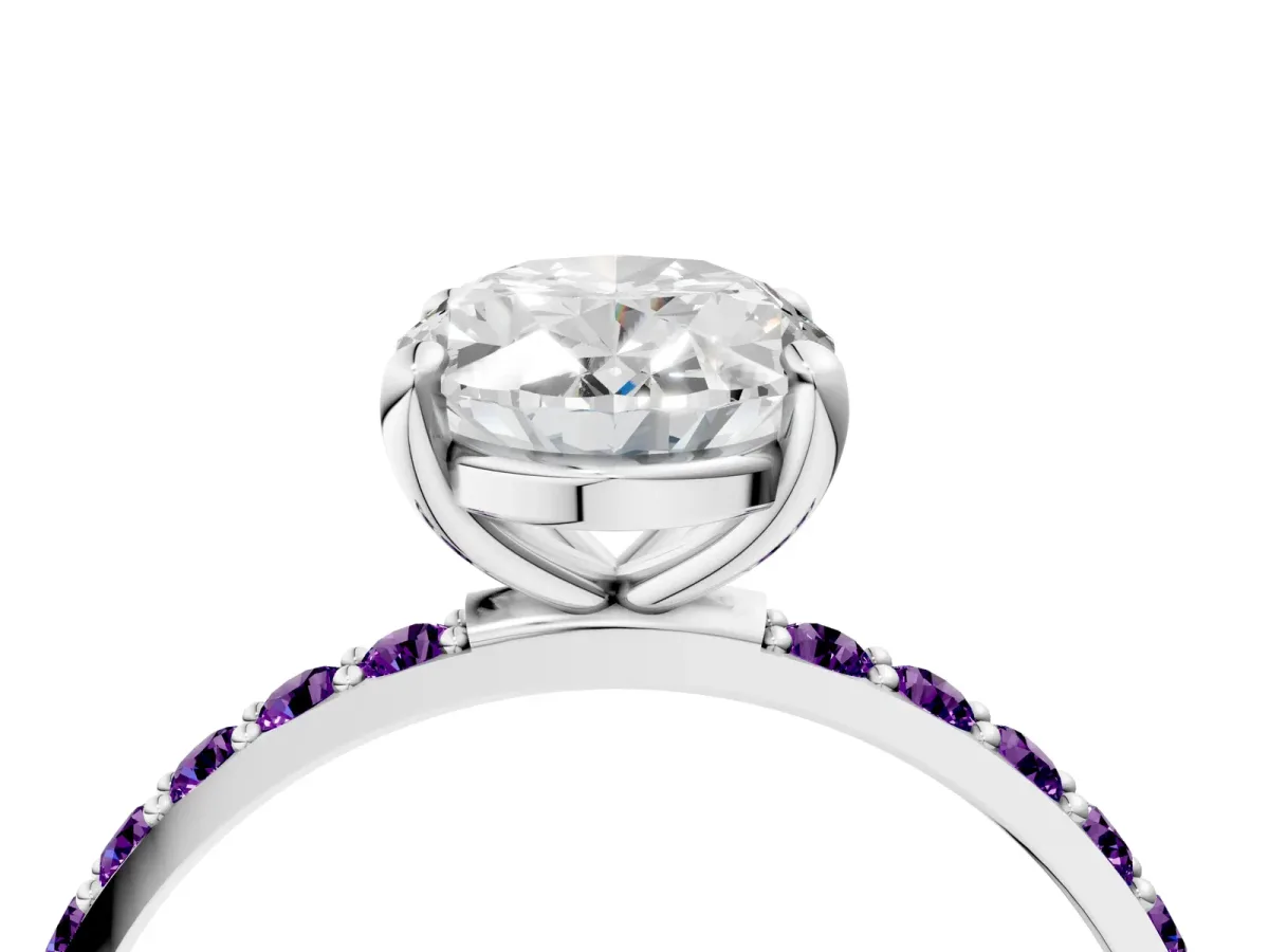 Oval Cut Diamond Solitaire Ring with Round Amethyst Pavé Band and Prong Setting Silver