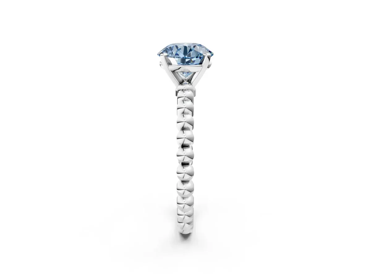 Fancy Blue Round Cut Diamond Solitaire Ring with Beaded Band and Prong Setting Platinum