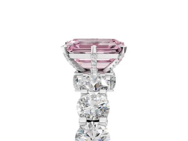 Fancy Pink Emerald Cut Diamond Side Stone Engagement Ring with Four-Prong Setting White gold