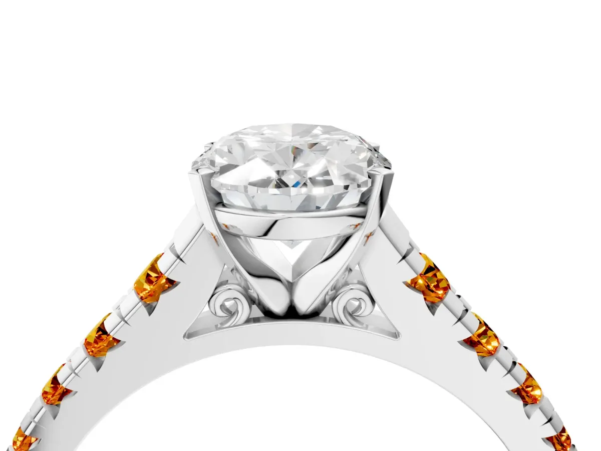 Oval Cut Diamond Cathedral Solitaire Ring with Round Citrine Pavé Band Silver